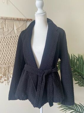 Free People Black Slouchy Gauze Wrap Waist Belt Seersucker Blazer Jacket Small